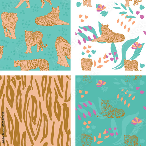 Whimsical, stylized tigers playfully roaming across a soft, neutral background. The tigers are illustrated in a friendly, cartoon-like style, striking a balance between wild and approachable.