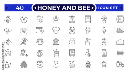Honey and Bee icon for bees, dipper stick with organic liquid honey for breakfast dessert thin black outline symbols vector illustration. Honey products, apiary, beekeeping line icon set.