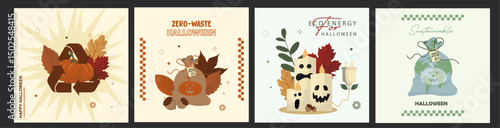Eco Energy Sustainable Halloween Cards. Four sustainable Halloween cards promoting zero waste, eco energy, and environmental consciousness. Earth-friendly themes. Flat style. Vector illustration