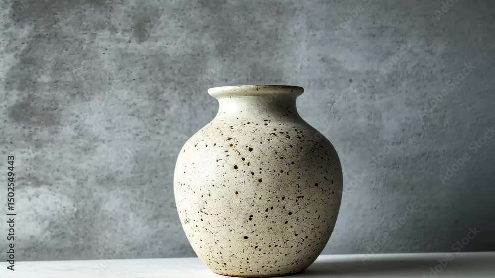 Elegant ceramic vase with speckled glaze displayed against a minimalist grey background, Ceramic vase with speckled glaze on white surface against textured grey background Elegant ceramic vase with speckled glaze displayed against a minimalist grey background, Ceramic vase with speckled glaze on white surface against textured grey background