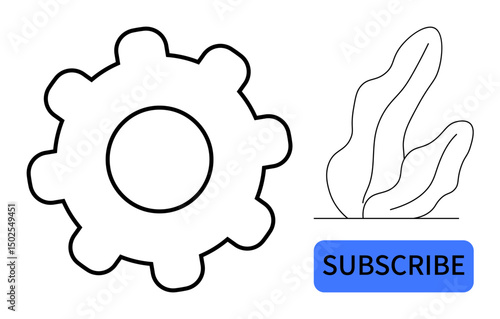 Gear symbolizing settings or systems, abstract plant form, and a call-to-action subscribe button. Ideal for technology, workflow, nature, user interface, business, content creation simple landing