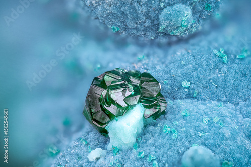 Green Malachite on blue Shattuckite. Specimen from  Mashamba mine, DR congo. Micro photography extreme close-up. microscope mineral crystal photography for Scientific use.