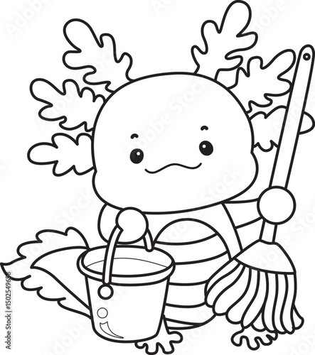 Outline of Illustration of cute axolotl activities icon.
Lineart of Funny pink axolotl in daily routine stickers.
