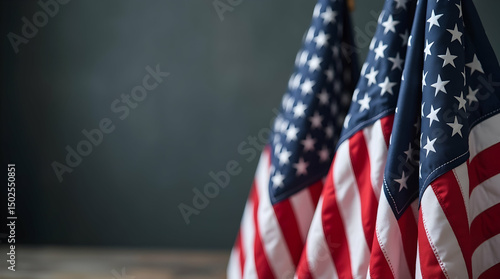 American Flags Hanging on Dark Background for Veterans Day: Patriotism, Remembrance, and National Pride with Copy Space