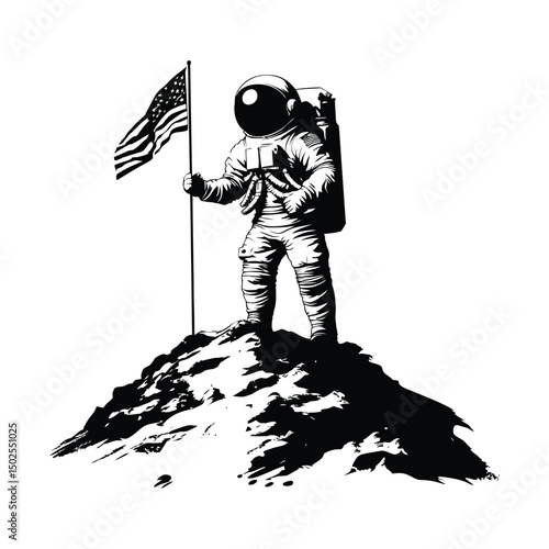 Astronaut planting a flag on the moon silhouette