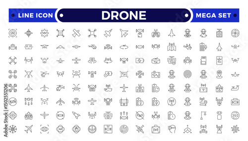 Drone vector outline icon set. Contains linear outline icons like Quadcopter, Propeller, Remote Control, Radar, Camera, Battery, Delivery, Copter