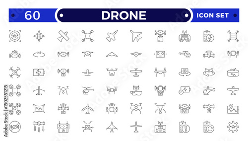 Drone vector outline icon set. Contains linear outline icons like Quadcopter, Propeller, Remote Control, Radar, Camera, Battery, Delivery, Copter