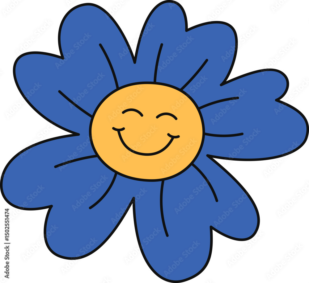 Fototapeta premium Groovy retro flower with smile face. Cartoon character face for retro hippie style. Vector isolated.