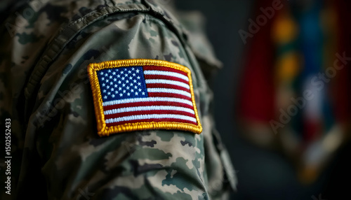 Patriotism & Sacrifice: US Army Soldier with Reverse Flag Patch on Camouflage Uniform for Veterans Day – Copy Space.