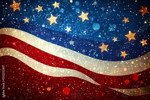 A sparkling American flag image perfect for 4th of July Memorial Day or patriotic celebrations featuring glittering stars and rich red white and blue tones with