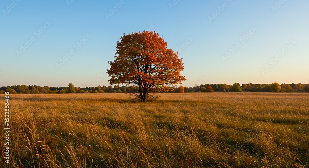 Fototapeta premium AI-Generated of Lone Autumn Tree with Golden Meadow under Clear Blue Sky and Negative Space