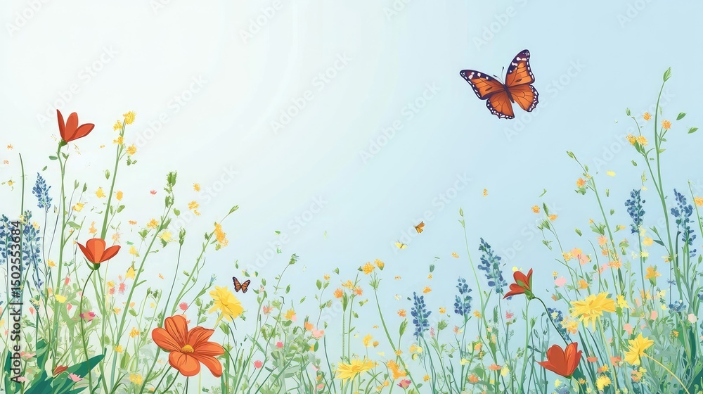 Vibrant wildflowers and a butterfly in a meadow scene. Vibrant wildflowers and a butterfly in a meadow scene.