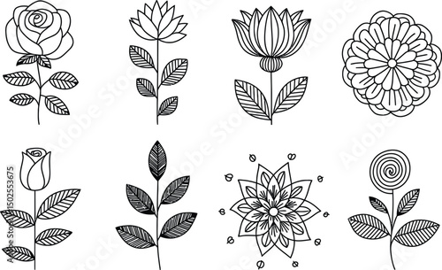 Collection of line art flowers and botanical elements isolated on white background