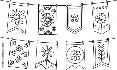 Hand drawn flower garland bunting decoration hanging on a string monochrome illustration