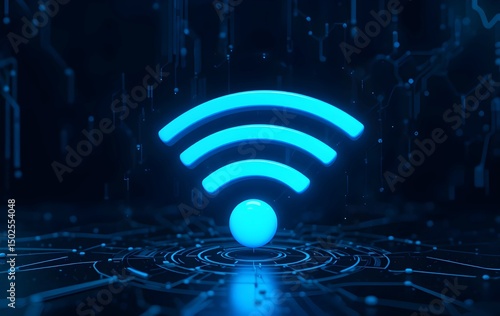 A digital 3D rendering of a glowing neon blue Wi-Fi signal icon, symbolizing wireless internet connectivity on a dark tech-inspired background.

