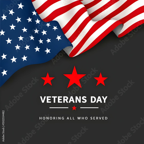 Veterans Day Honoring Service: American flag and red stars on dark background.