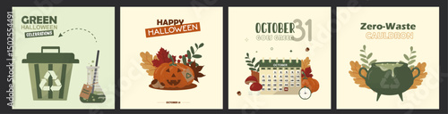 Green Halloween. Zero Waste October Celebration Cards. Eco-conscious Halloween cards set. Eco-friendly halloween concept. Happy halloween concept. Flat style. Vector illustration