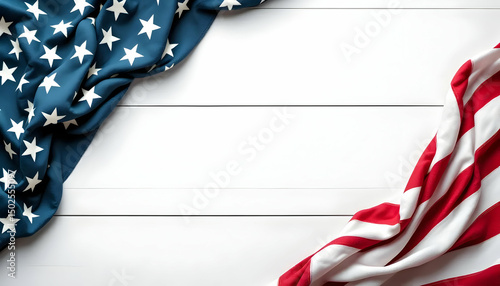 USA Flag Border on White Wood - Patriotic American Background for Independence Day, Memorial Day, or Veterans Day with Blank Space.