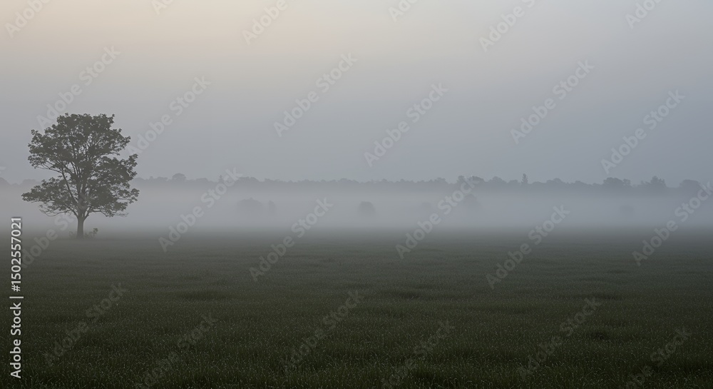 Fototapeta premium AI-Generated of Lonely Tree in a Misty Field with Negative Space at Dawn