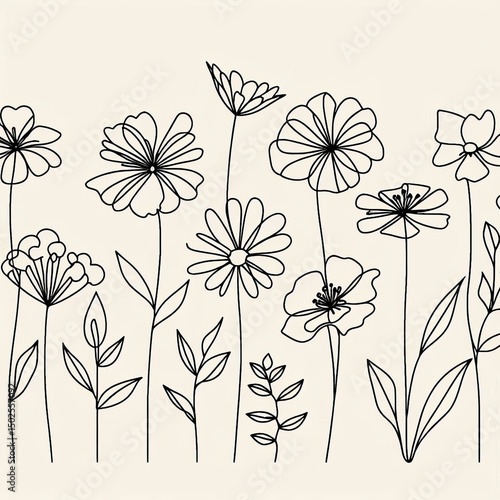 Continuous Line Art Drawing of Wildflowers and Plants
