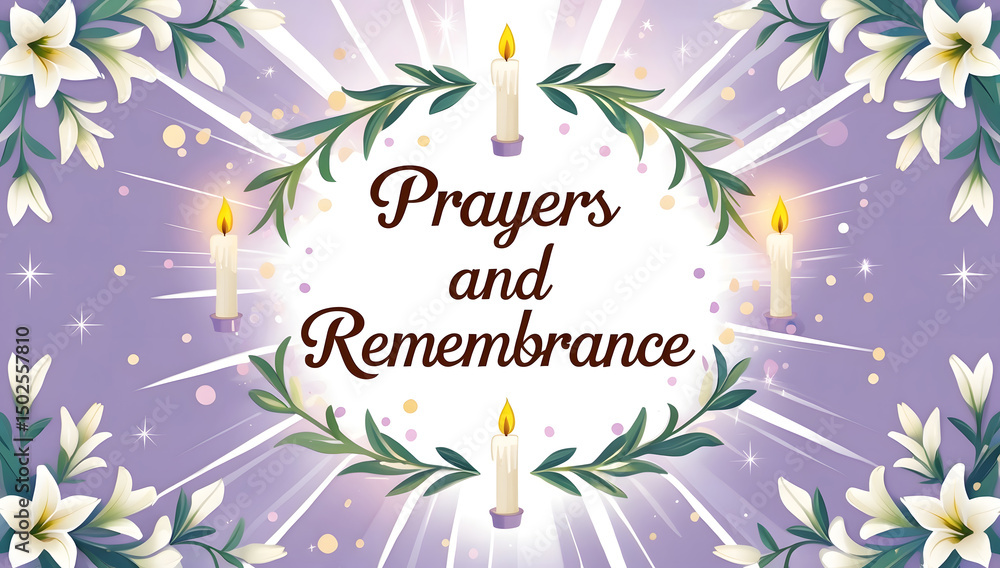 Obraz premium Peaceful image with lilies, candles, and the text 'Prayers and Remembrance'. Perfect for sympathy cards, memorial services, or remembrance events. Subtle, calming design.