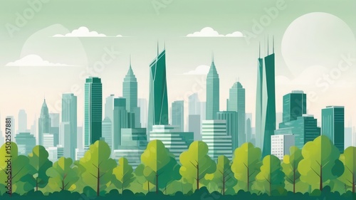 Urban Cityscape with Green Trees in Flat Style