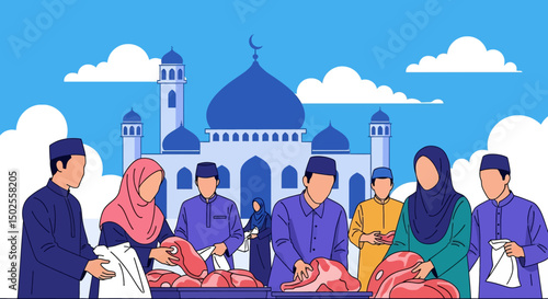 Happy Muslim family celebrates Eid al-Adha with mosque, camel, sheep, cow, and goat; vibrant flat design banner with islamic and arabic themes