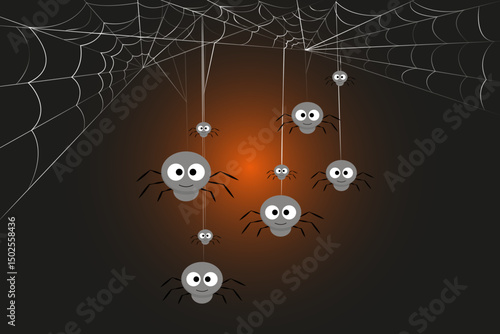 Cartoon spiders with big eyes hanging on a web with an orange glow on a dark background. Ideal for Halloween-themed designs.