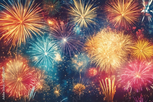 A breathtaking spectacle of vibrant fireworks exploding across the night sky painting a dazzling display of color and light with brilliant bursts and glowing