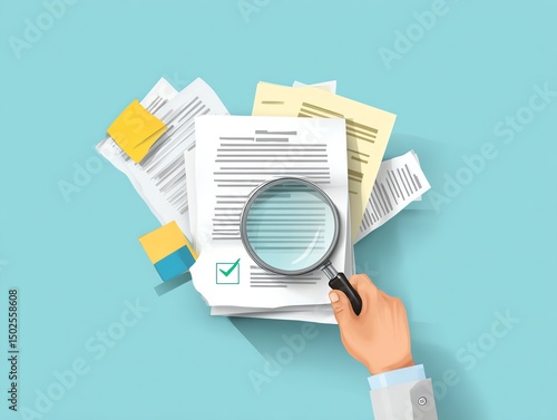 A person examines documents with a magnifying glass, highlighting analysis and verification on a stack of paperwork.