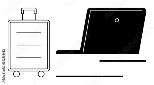 Compact suitcase and laptop silhouette emphasize travel, remote work, technology. Ideal for mobility, freelancing, business trips, productivity, online work digital lifestyle. Flat simple metaphor