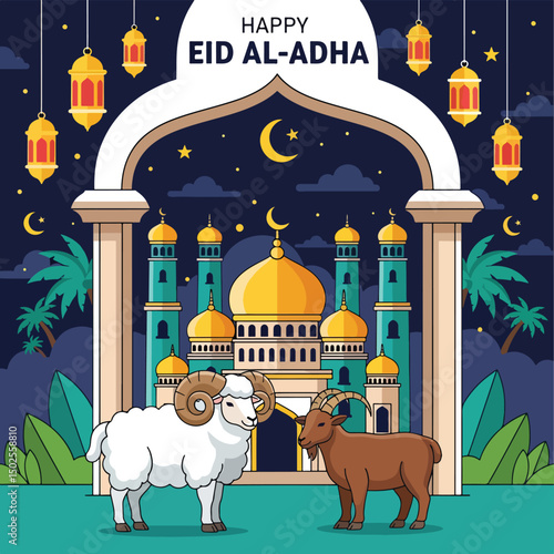 Happy Muslim family celebrates Eid al-Adha with mosque, camel, sheep, cow, and goat; vibrant flat design banner with islamic and arabic themes
