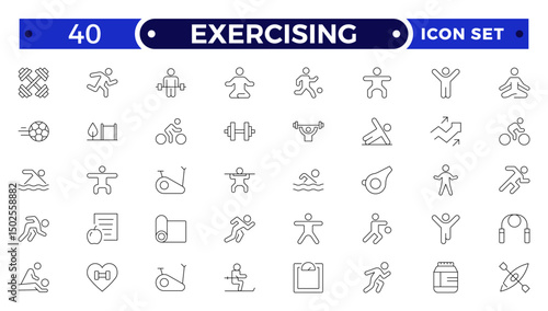 Exercising outline icons related to wellness, wellbeing, mental health, healthcare, cosmetics, spa, medical, massage, yoga, spa, relaxation, exercise, diet. Wellness icon set.