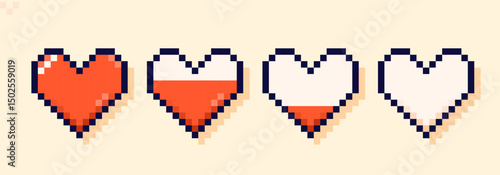 Energy lives line bar in hearts form drawn in pixel art 8 bit style.