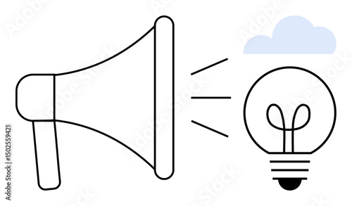 Megaphone emitting sound waves toward a glowing lightbulb, symbolizing ideas, innovation, and communication. Ideal for marketing, creativity, brainstorming, advertising, teamwork strategy