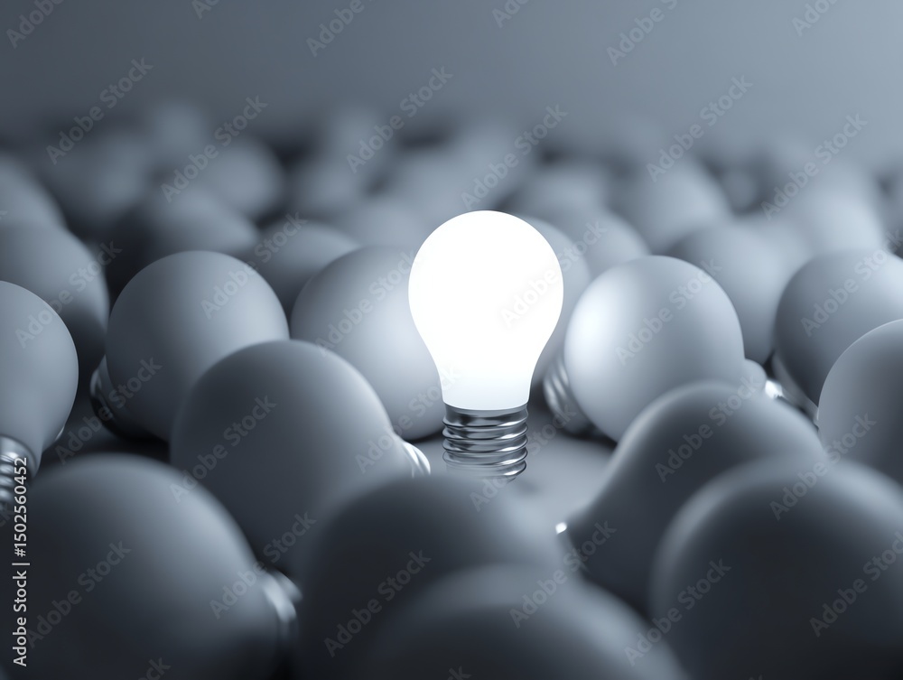 Fototapeta premium A single glowing light bulb stands out among many unlit bulbs, symbolizing innovation and creativity.