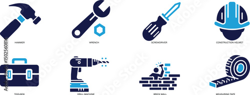 Construction Tools Icon Set Hammer, Wrench, Drill, Toolbox, Helmet, Screwdriver.
