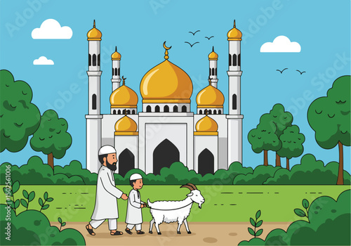 Happy Muslim family celebrates Eid al-Adha with mosque, camel, sheep, cow, and goat; vibrant flat design banner with islamic and arabic themes