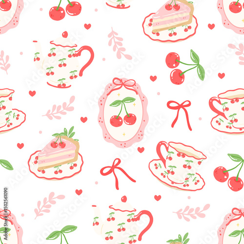 Cherry Tea Party Seamless Pattern, Pink Sweet Vintage Illustration