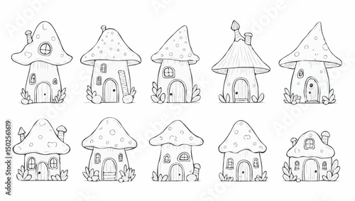 Whimsical mushroom houses in black and white, perfect for coloring books, kids' designs, or fairy tale decor. This vector art suits illustrations, stickers, or crafts.