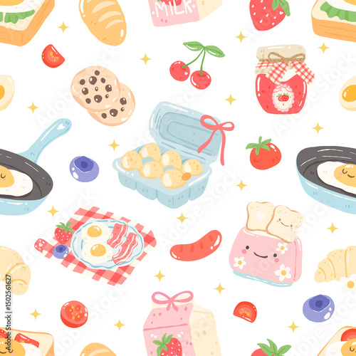 Cozy Breakfast Seamless Pattern, Kawaii Food, Sweet Morning Clipart