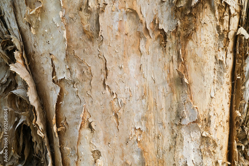 Close-up of the bark of the Melaleuca tree also know os Paperbark tree.