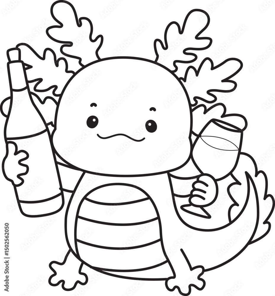 Fototapeta premium Outline of Illustration of cute axolotl activities icon. Lineart of Funny pink axolotl in daily routine stickers.