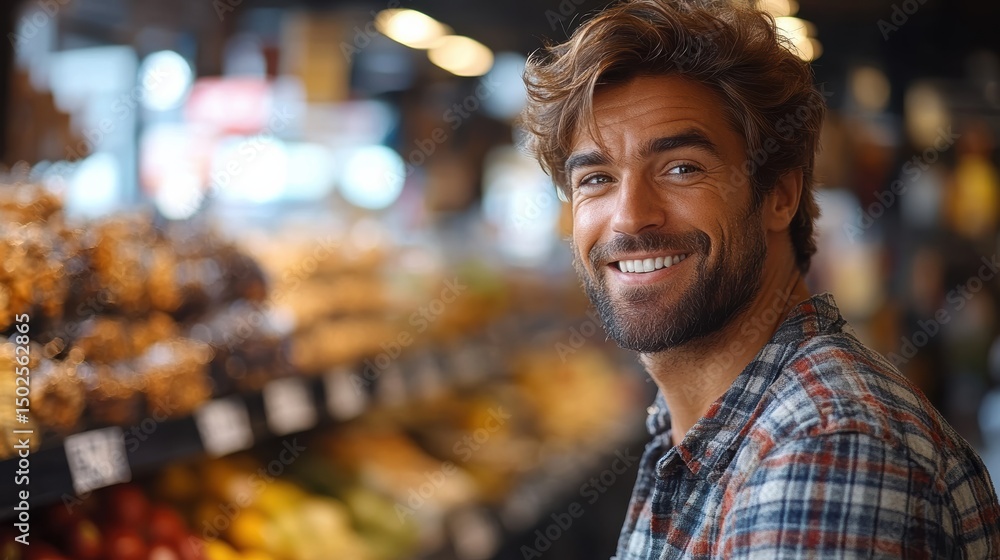 Handsome man with beard wearing flannel shirt smiling near grocery shelves in warm light Handsome man with beard wearing flannel shirt smiling near grocery shelves in warm light