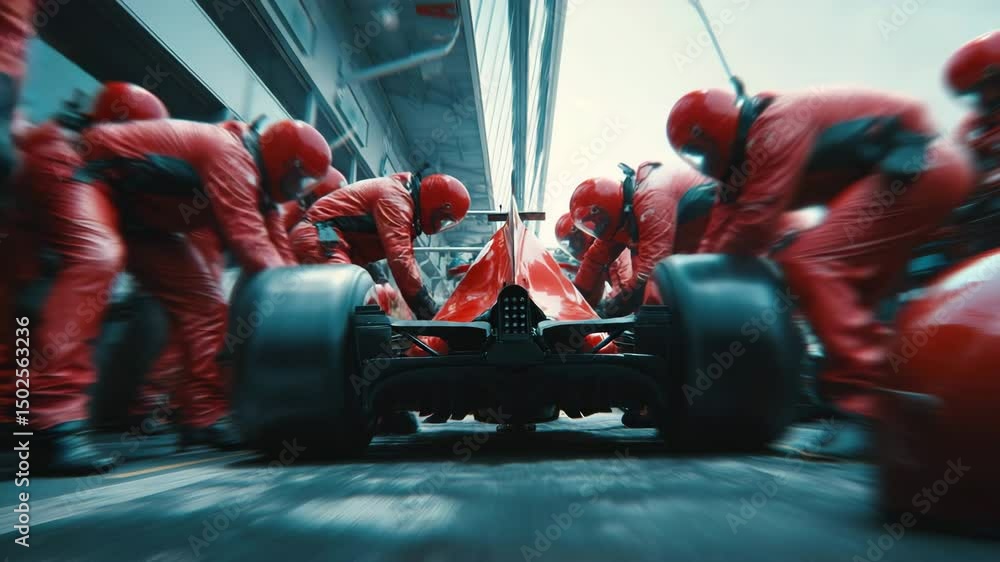 Blurred action view from behind red Formula 1 car as pit crew in red suits rapidly perform maintenance during intense race conditions. 