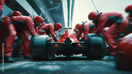 Blurred action view from behind red Formula 1 car as pit crew in red suits rapidly perform maintenance during intense race conditions. 