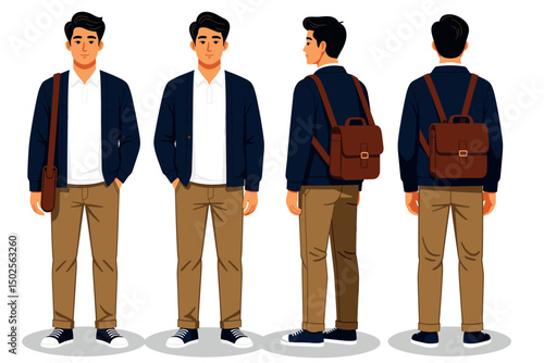 Asian man in his 30s, navy cardigan, white shirt, khaki pants, messenger bag, casual shoes,