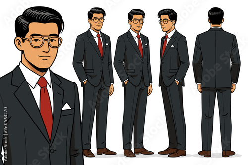 middle-aged Hong Kong male, retro business suit, slick back hair, gold-rimmed glasses, dress shoes,