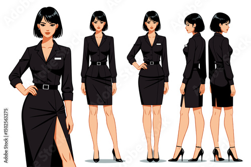 Hong Kong woman, sleek urban outfit, short black bob, tight fit blouse, pencil skirt, high heels,