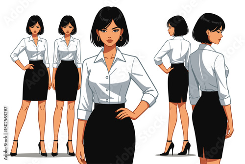 Hong Kong woman, sleek urban outfit, short black bob, tight fit blouse, pencil skirt, high heels,